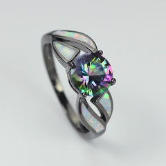 Black Filled Amethyst and Fire Opal Ring