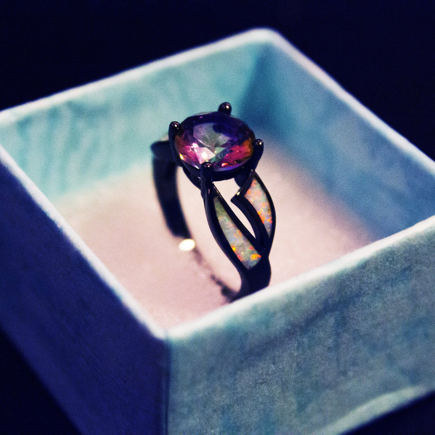 Black Filled Amethyst and Fire Opal Ring