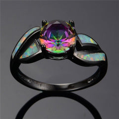 Black Filled Amethyst and Fire Opal Ring