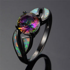 Black Filled Amethyst and Fire Opal Ring