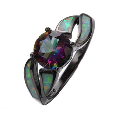 Black Filled Amethyst and Fire Opal Ring